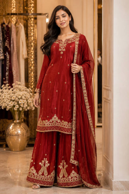 Women’s Chinon Kurti Palazzo Dupatta Set | Embroidered Designer 3 Piece Ethnic Suit with Chinon Dupatta