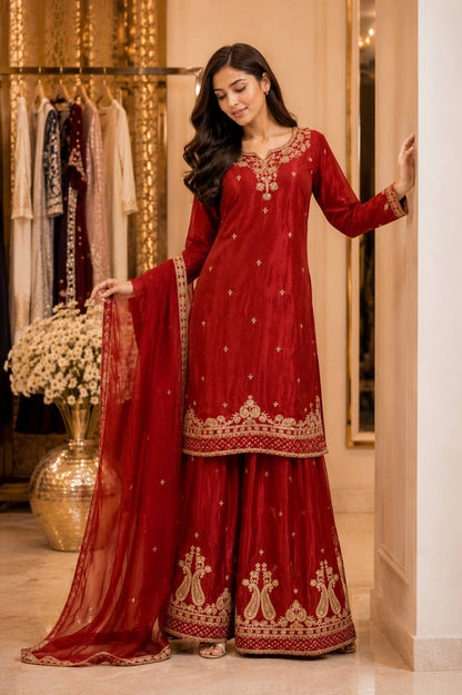 Women’s Chinon Kurti Palazzo Dupatta Set | Embroidered Designer 3 Piece Ethnic Suit with Chinon Dupatta