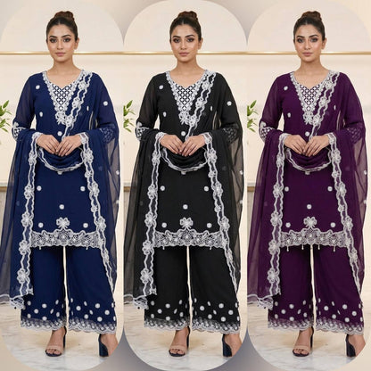 Women's Crape Silk Embroidered Kurti Palazzo Dupatta Set | Sequence Embroidery with Cut Work Designer Ethnic Suit