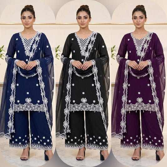 Women's Crape Silk Embroidered Kurti Palazzo Dupatta Set | Sequence Embroidery with Cut Work Designer Ethnic Suit