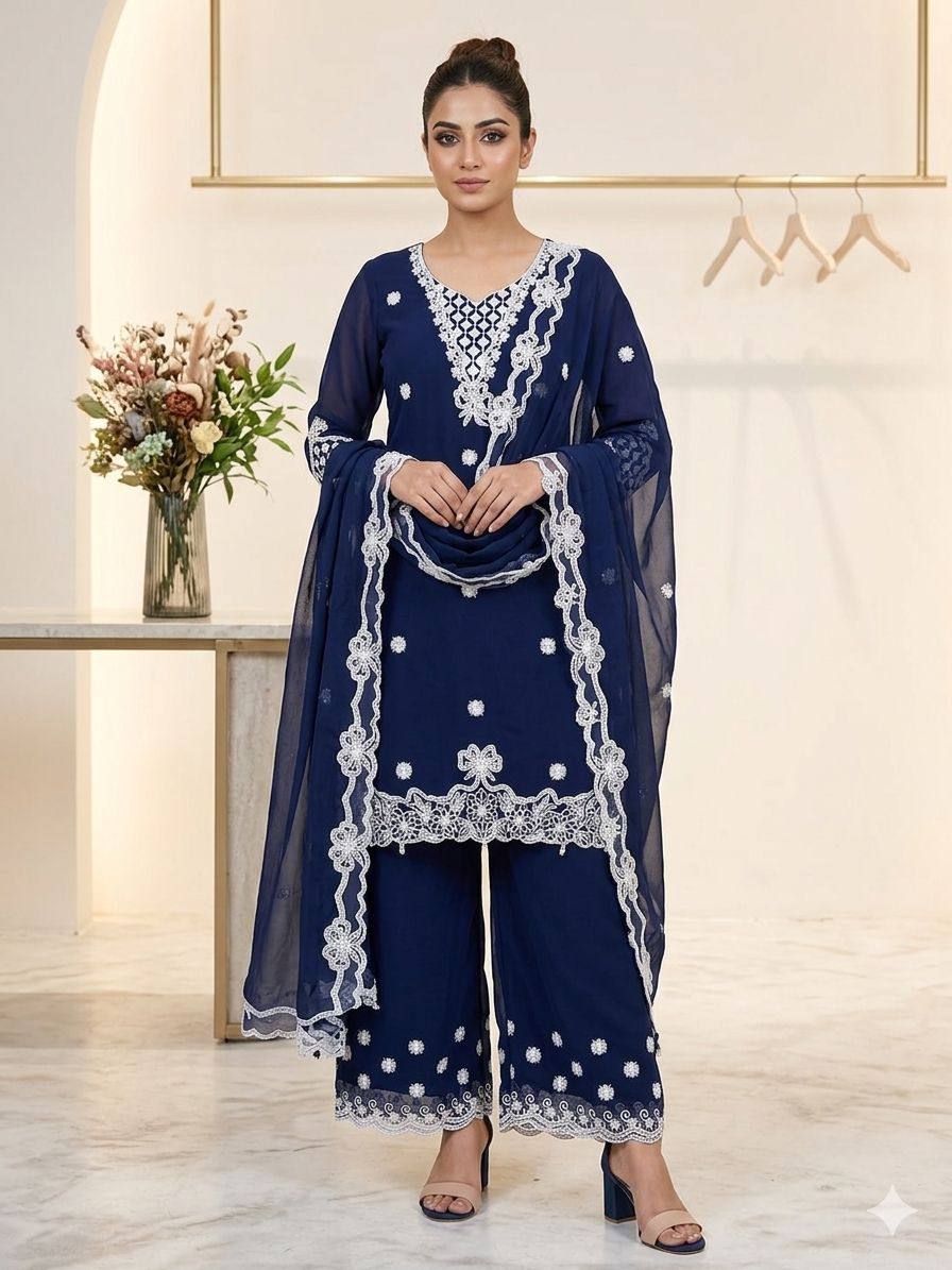 women's crape silk embroidered kurti palazzo dupatta set | sequence embroidery with cut work designer ethnic suit