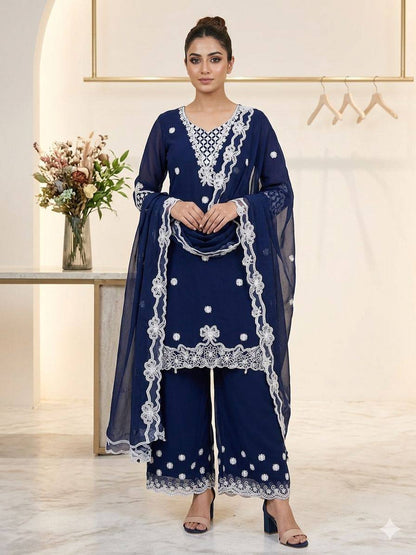 Women's Crape Silk Embroidered Kurti Palazzo Dupatta Set | Sequence Embroidery with Cut Work Designer Ethnic Suit