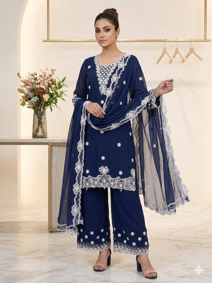 Women's Crape Silk Embroidered Kurti Palazzo Dupatta Set | Sequence Embroidery with Cut Work Designer Ethnic Suit