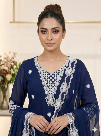 Women's Crape Silk Embroidered Kurti Palazzo Dupatta Set | Sequence Embroidery with Cut Work Designer Ethnic Suit