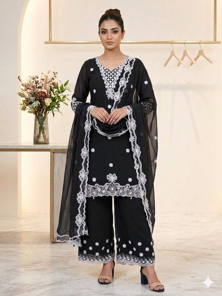 women's crape silk embroidered kurti palazzo dupatta set | sequence embroidery with cut work designer ethnic suit