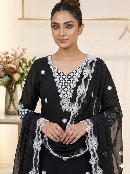 Women's Crape Silk Embroidered Kurti Palazzo Dupatta Set | Sequence Embroidery with Cut Work Designer Ethnic Suit
