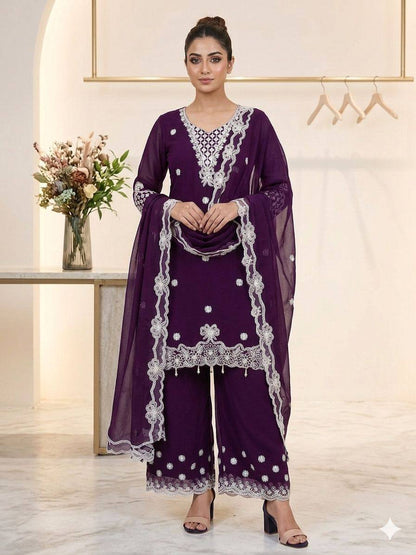 Women's Crape Silk Embroidered Kurti Palazzo Dupatta Set | Sequence Embroidery with Cut Work Designer Ethnic Suit