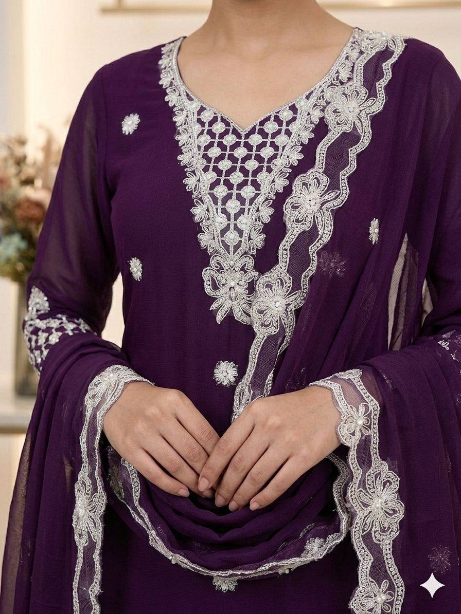 women's crape silk embroidered kurti palazzo dupatta set | sequence embroidery with cut work designer ethnic suit