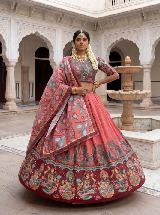 Women’s Kalamkari Print Lehenga Choli Set with Dupatta | Chent Crepe Designer Ethnic Wear for Festive & Traditional Occasions