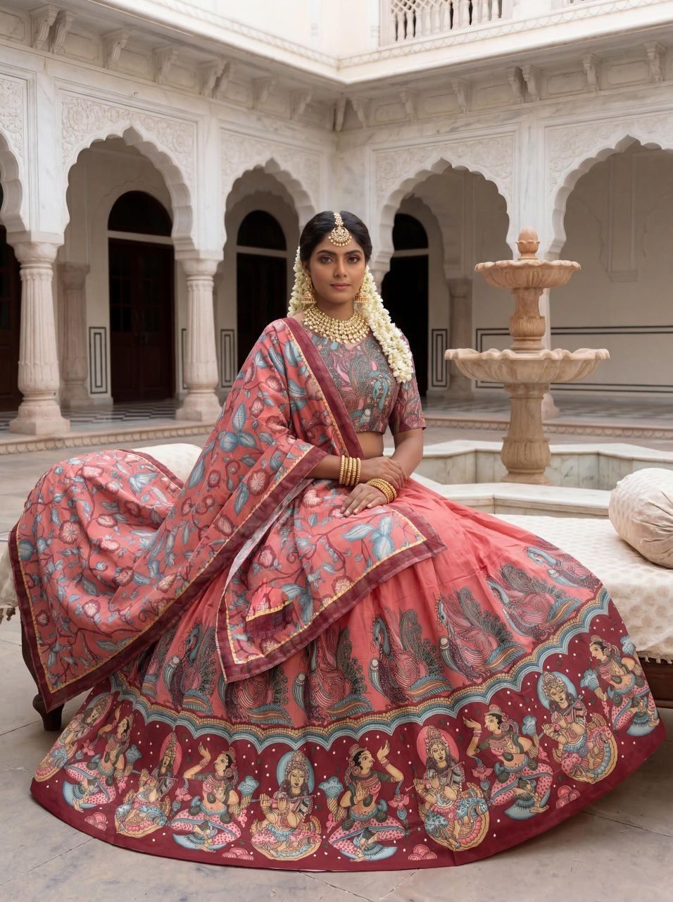 women’s kalamkari print lehenga choli set with dupatta | chent crepe designer ethnic wear for festive & traditional occasions