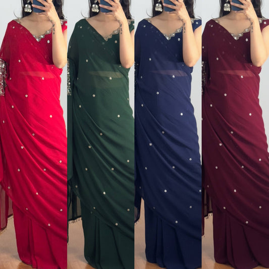 Women’s Faux Georgette  with Mirror & Pearl Hand Work | Party Wear Saree with Stitched Blouse