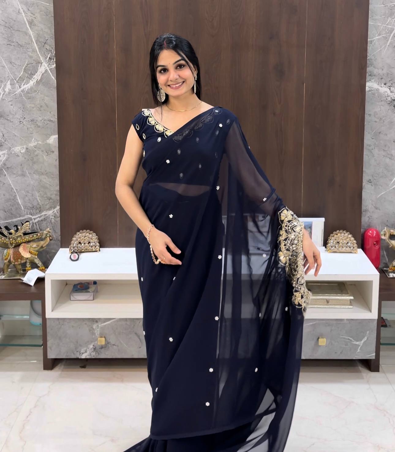 women’s faux georgette  with mirror & pearl hand work | party wear saree with stitched blouse