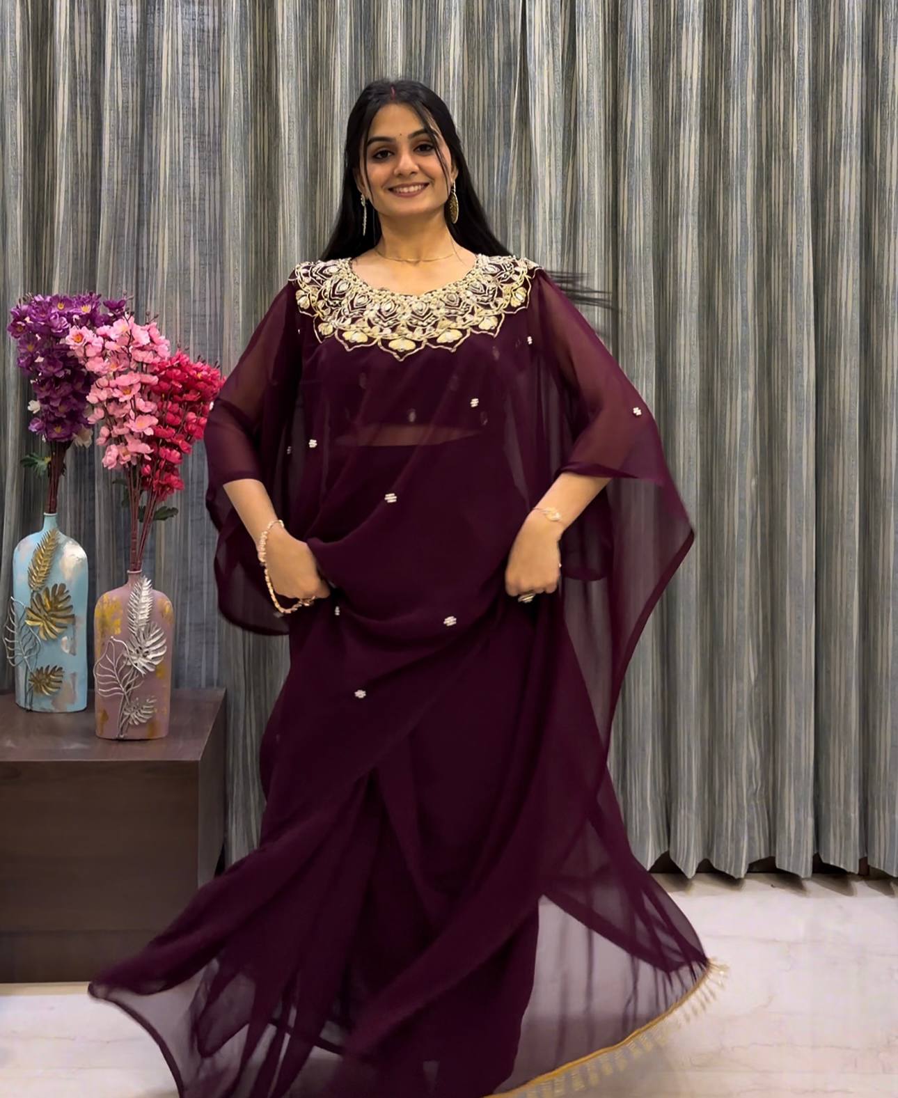 women’s faux georgette  with mirror & pearl hand work | party wear saree with stitched blouse