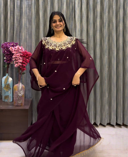 Women’s Faux Georgette  with Mirror & Pearl Hand Work | Party Wear Saree with Stitched Blouse