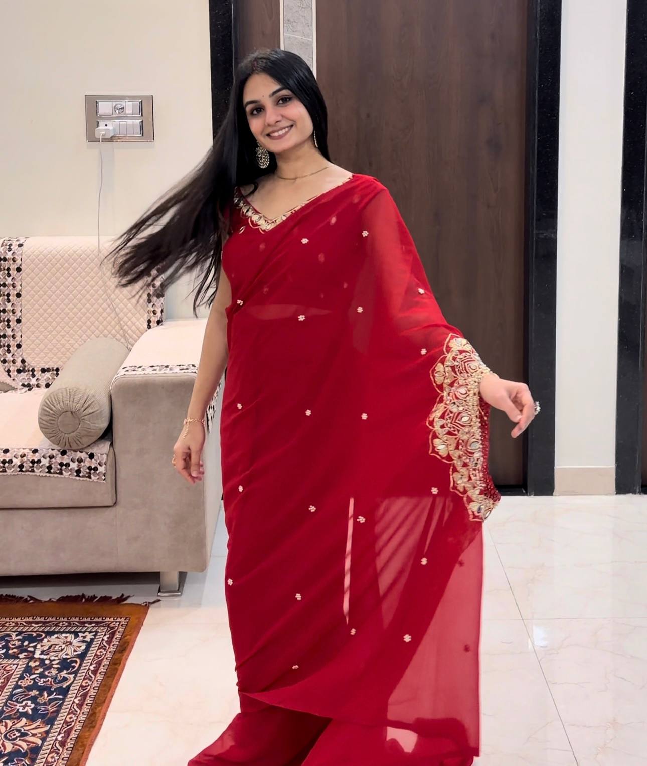 women’s faux georgette  with mirror & pearl hand work | party wear saree with stitched blouse