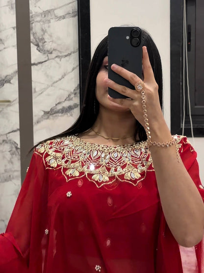 Women’s Faux Georgette  with Mirror & Pearl Hand Work | Party Wear Saree with Stitched Blouse
