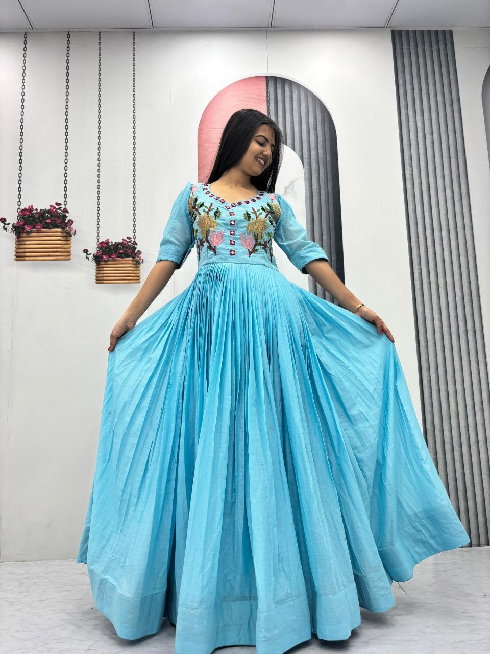 women’s mal cotton handwork gown with heavy embroidery & mirror work | fully stitched ethnic party wear gown