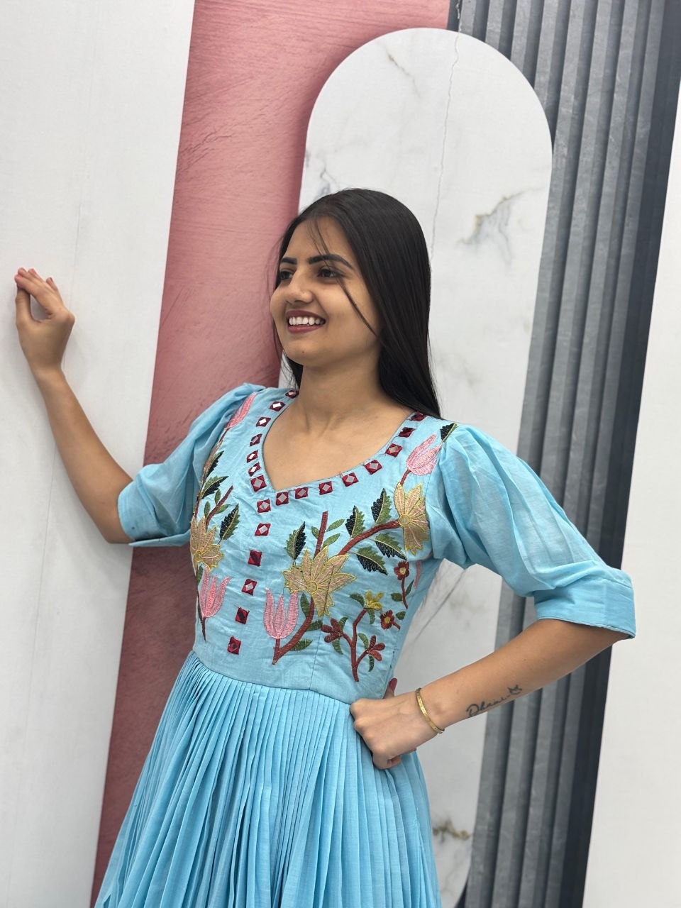 women’s mal cotton handwork gown with heavy embroidery & mirror work | fully stitched ethnic party wear gown
