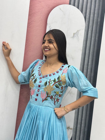 Women’s Mal Cotton Handwork Gown with Heavy Embroidery & Mirror Work | Fully Stitched Ethnic Party Wear Gown
