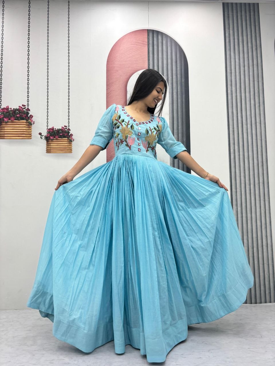 women’s mal cotton handwork gown with heavy embroidery & mirror work | fully stitched ethnic party wear gown