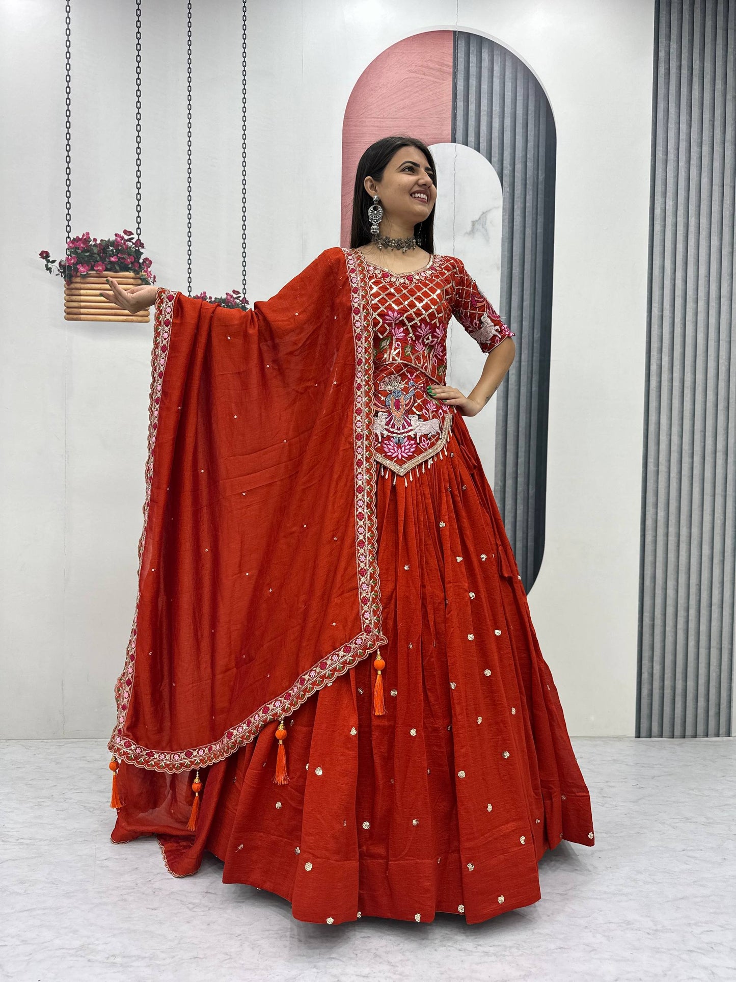 women’s wedding wear vichitra silk lehenga choli with dupatta | embroidered thread & sequence work designer lehenga set