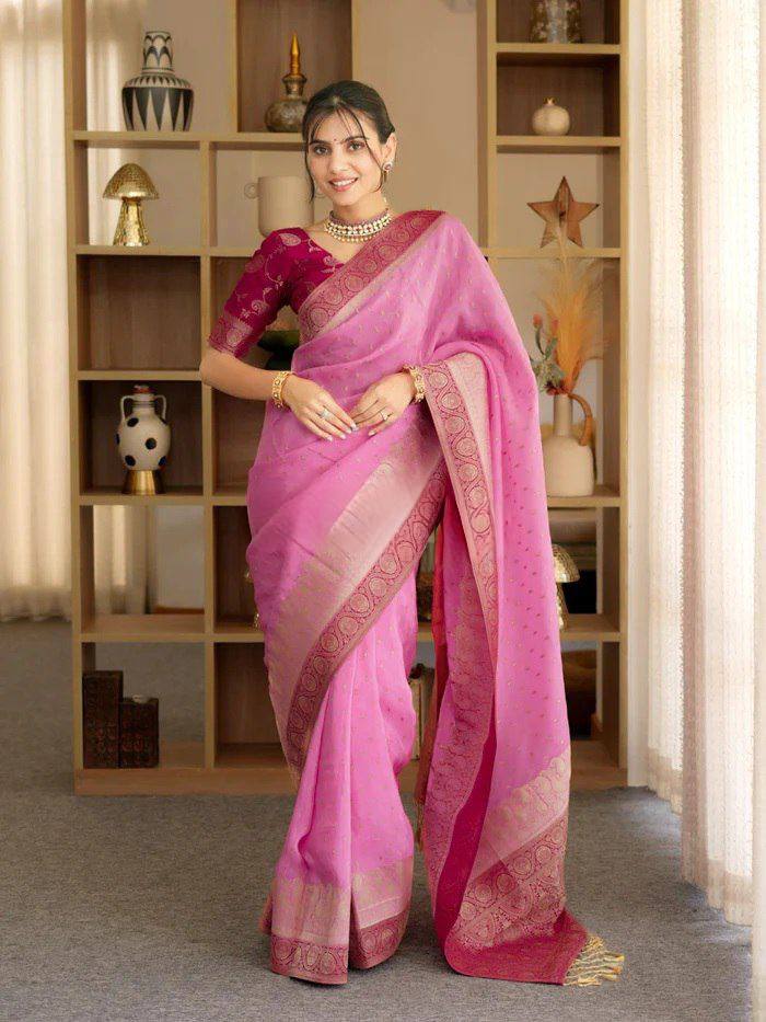 women’s soft lichi silk saree with rich pallu & all over jacquard work | festive traditional saree collection