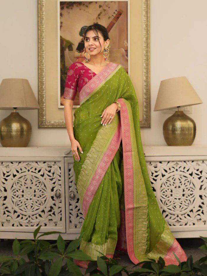 women’s soft lichi silk saree with rich pallu & all over jacquard work | festive traditional saree collection