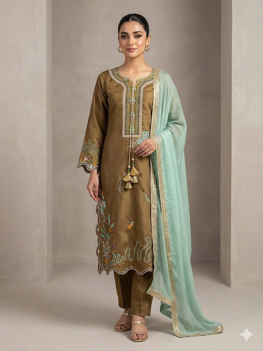 Women's Glass Roman Embroidered Kurti Pant Dupatta Set | Designer 3 Piece Ethnic Suit with Georgette Dupatta