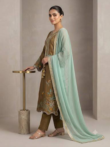 women's glass roman embroidered kurti pant dupatta set | designer 3 piece ethnic suit with georgette dupatta