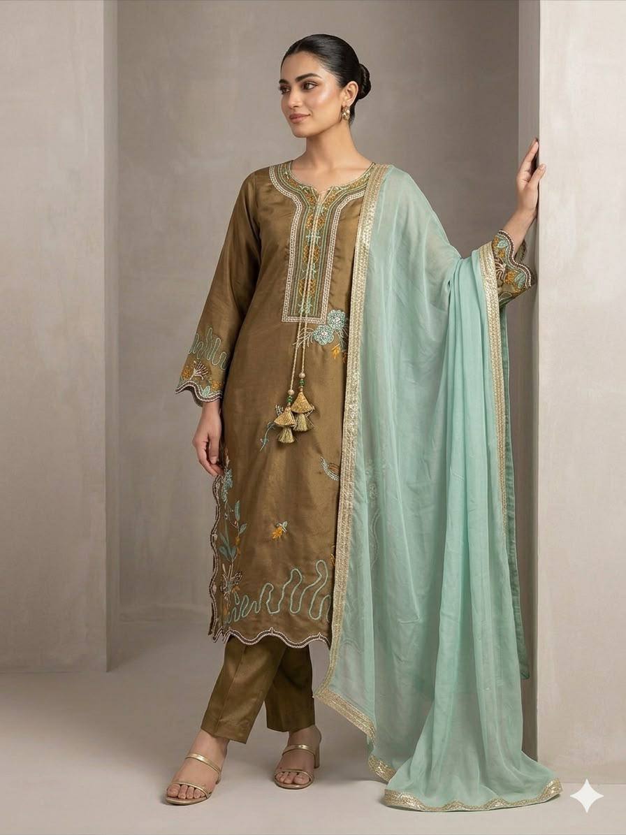 women's glass roman embroidered kurti pant dupatta set | designer 3 piece ethnic suit with georgette dupatta