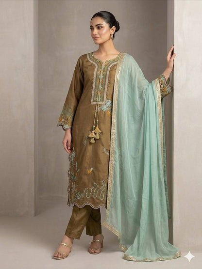 Women's Glass Roman Embroidered Kurti Pant Dupatta Set | Designer 3 Piece Ethnic Suit with Georgette Dupatta