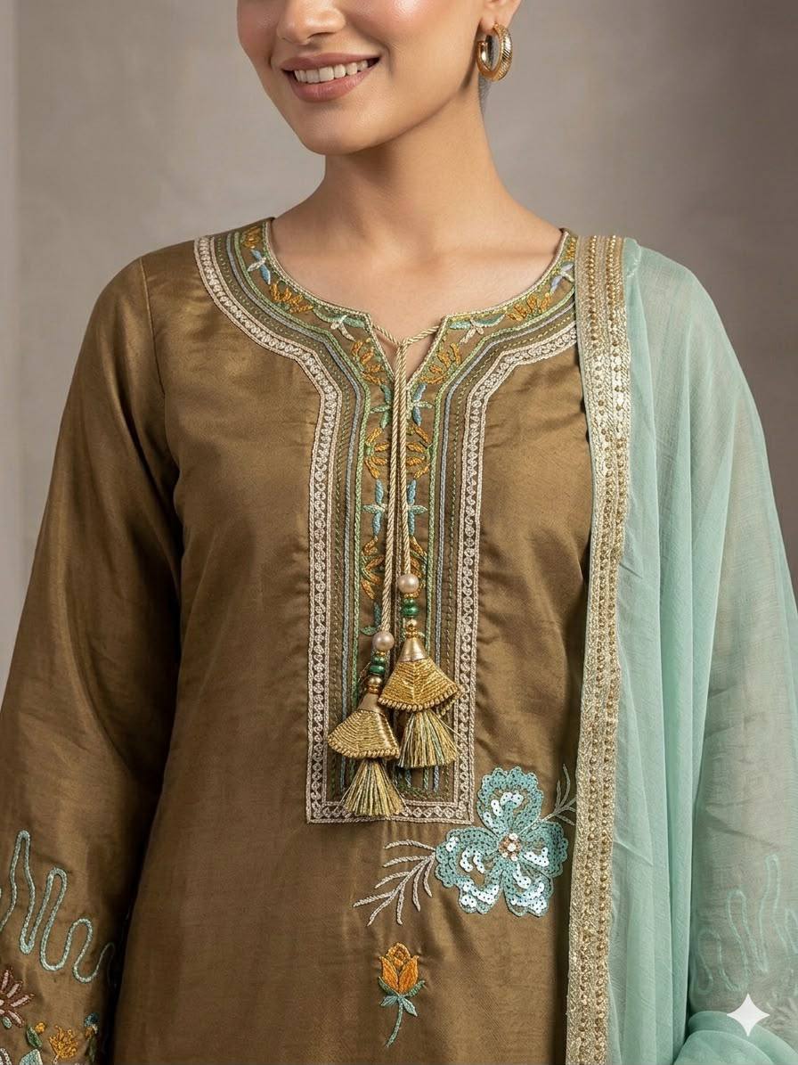 women's glass roman embroidered kurti pant dupatta set | designer 3 piece ethnic suit with georgette dupatta