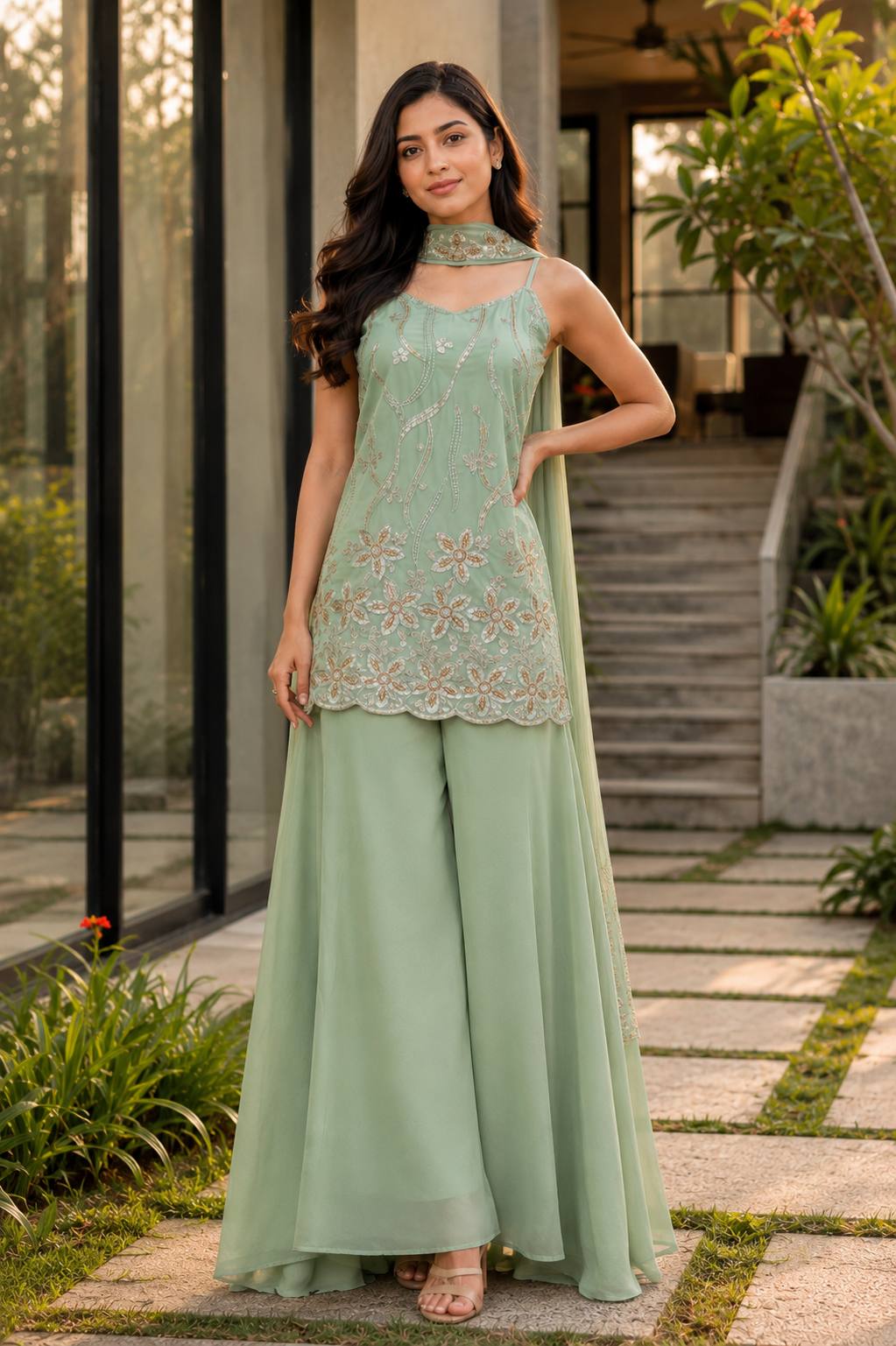 women's faux georgette embroidered kurti palazzo dupatta set | designer 3 piece ethnic suit with embroidered dupatta
