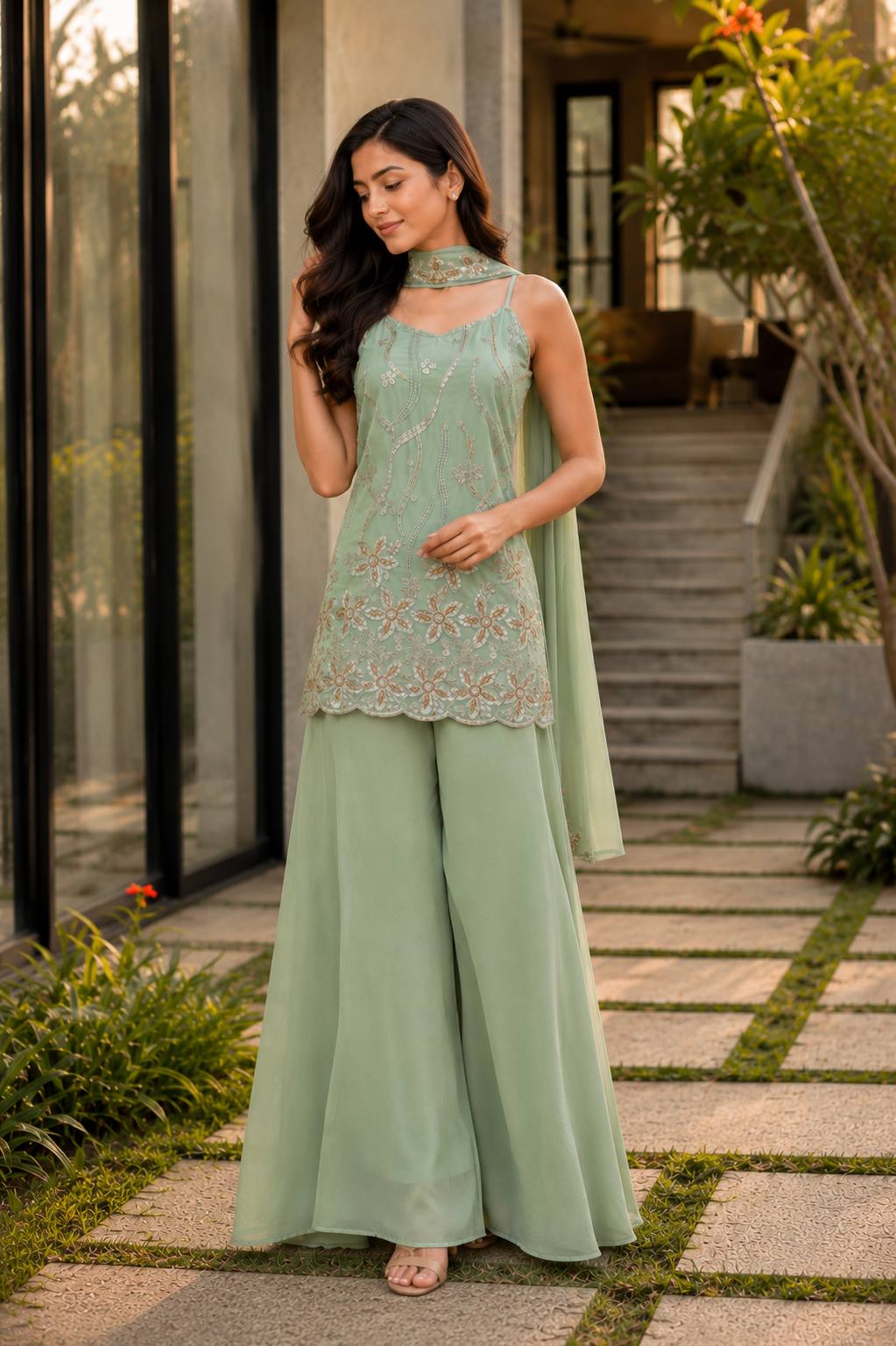 women's faux georgette embroidered kurti palazzo dupatta set | designer 3 piece ethnic suit with embroidered dupatta