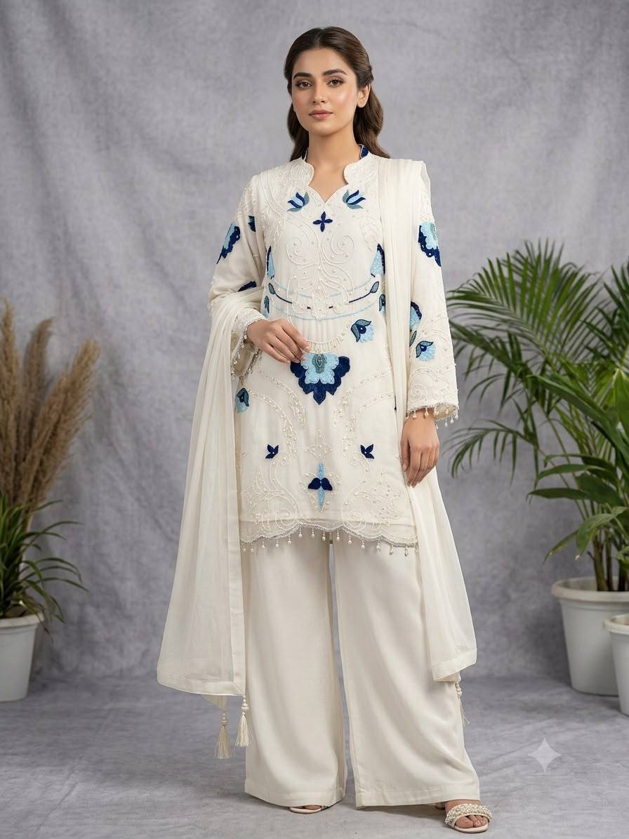 women's soft organza embroidered kurti palazzo dupatta set | cut work designer 3 piece ethnic suit | wedding & party wear