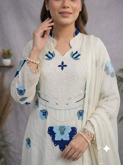 Women's Soft Organza Embroidered Kurti Palazzo Dupatta Set | Cut Work Designer 3 Piece Ethnic Suit | Wedding & Party Wear