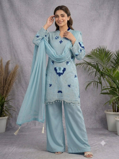 Women's Soft Organza Embroidered Kurti Palazzo Dupatta Set | Cut Work Designer 3 Piece Ethnic Suit | Wedding & Party Wear