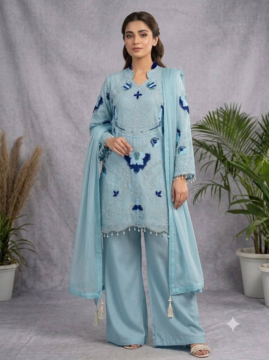 women's soft organza embroidered kurti palazzo dupatta set | cut work designer 3 piece ethnic suit | wedding & party wear