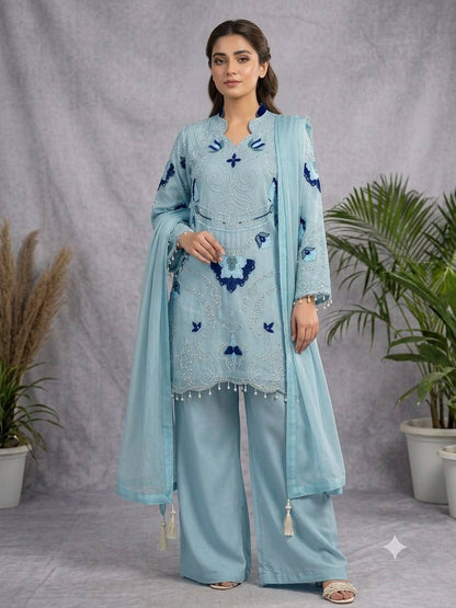Women's Soft Organza Embroidered Kurti Palazzo Dupatta Set | Cut Work Designer 3 Piece Ethnic Suit | Wedding & Party Wear