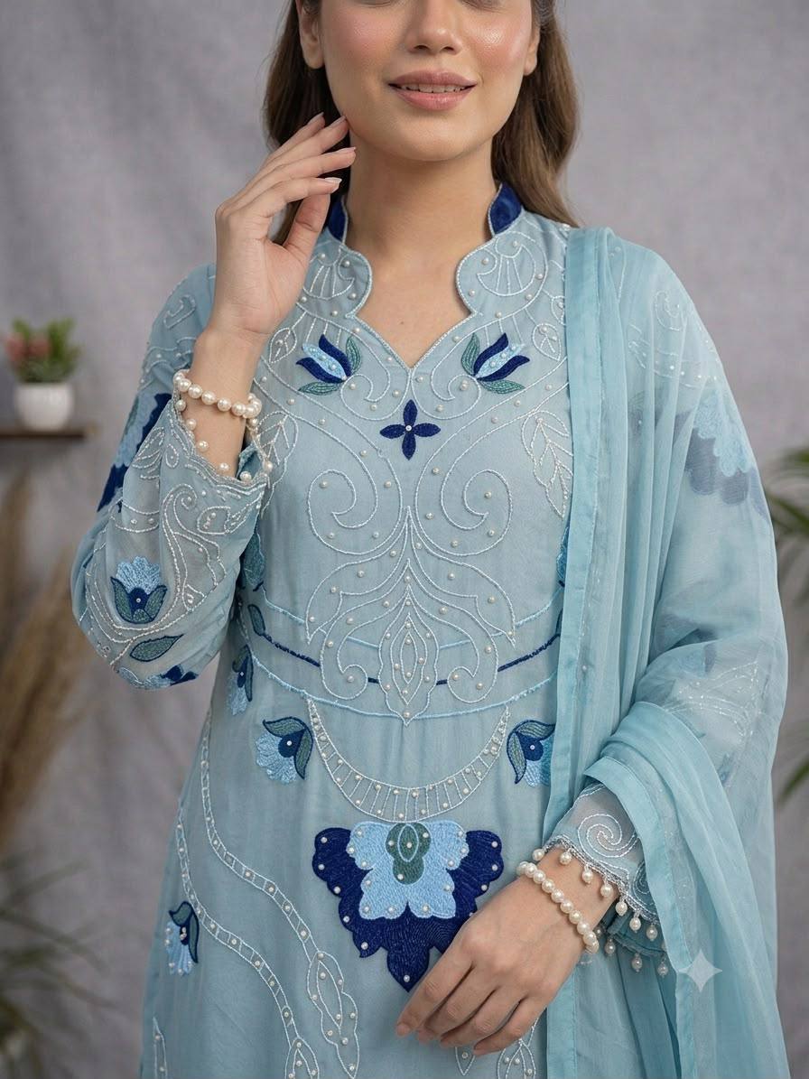 women's soft organza embroidered kurti palazzo dupatta set | cut work designer 3 piece ethnic suit | wedding & party wear