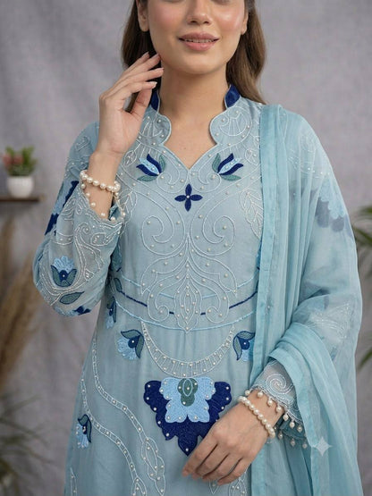 Women's Soft Organza Embroidered Kurti Palazzo Dupatta Set | Cut Work Designer 3 Piece Ethnic Suit | Wedding & Party Wear