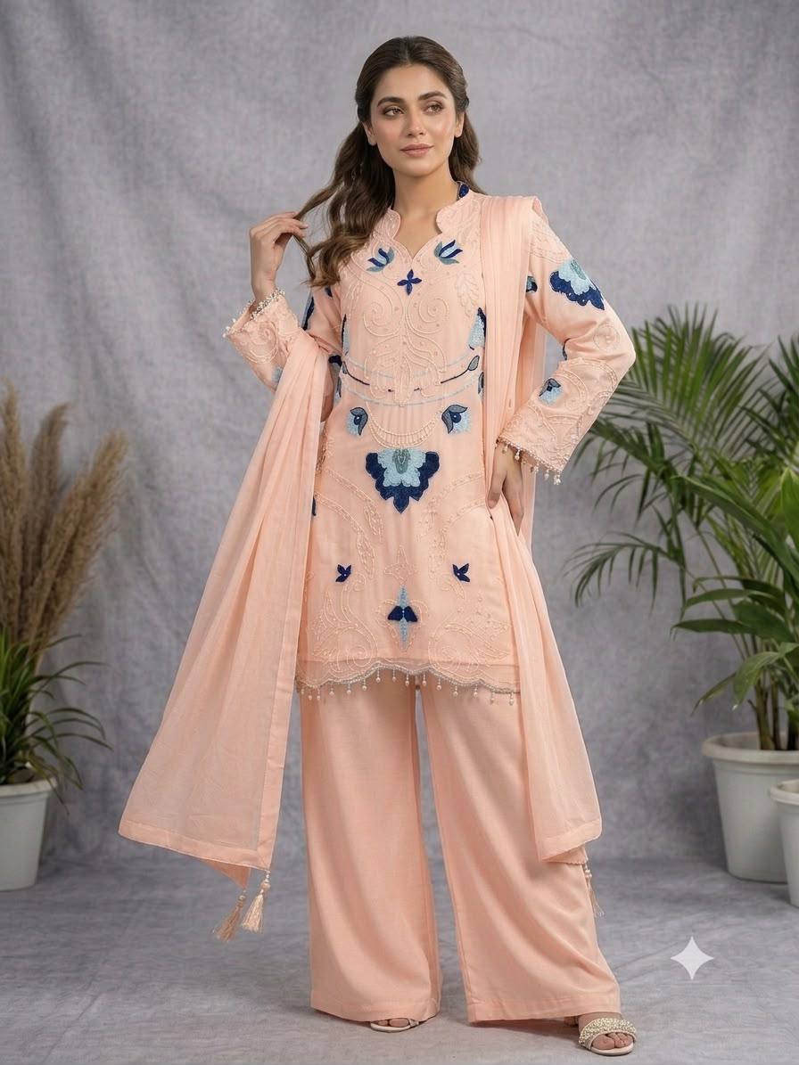 women's soft organza embroidered kurti palazzo dupatta set | cut work designer 3 piece ethnic suit | wedding & party wear
