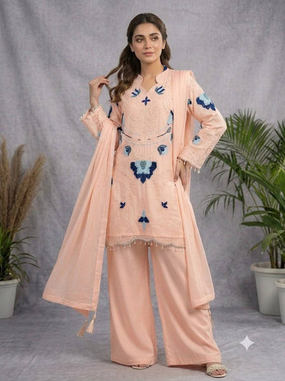 Women's Soft Organza Embroidered Kurti Palazzo Dupatta Set | Cut Work Designer 3 Piece Ethnic Suit | Wedding & Party Wear