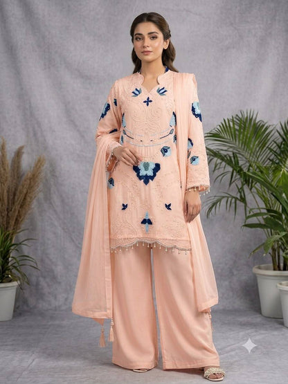 Women's Soft Organza Embroidered Kurti Palazzo Dupatta Set | Cut Work Designer 3 Piece Ethnic Suit | Wedding & Party Wear
