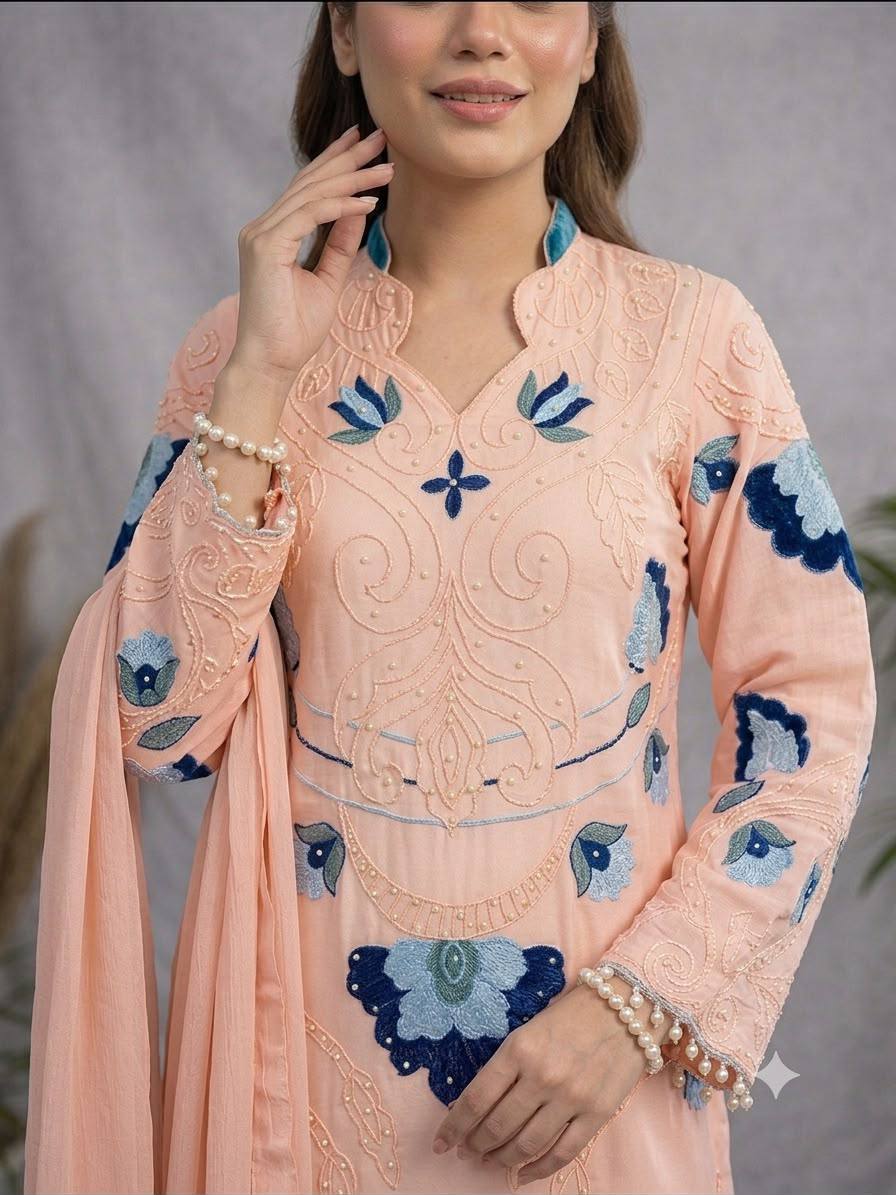 women's soft organza embroidered kurti palazzo dupatta set | cut work designer 3 piece ethnic suit | wedding & party wear