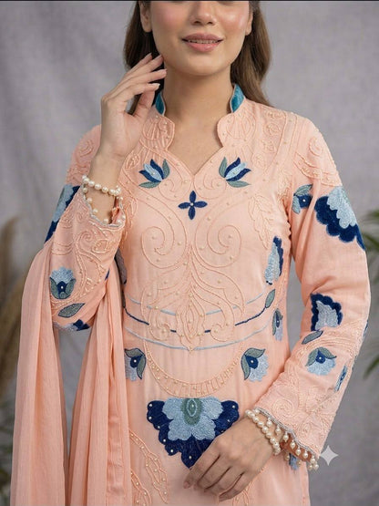 Women's Soft Organza Embroidered Kurti Palazzo Dupatta Set | Cut Work Designer 3 Piece Ethnic Suit | Wedding & Party Wear