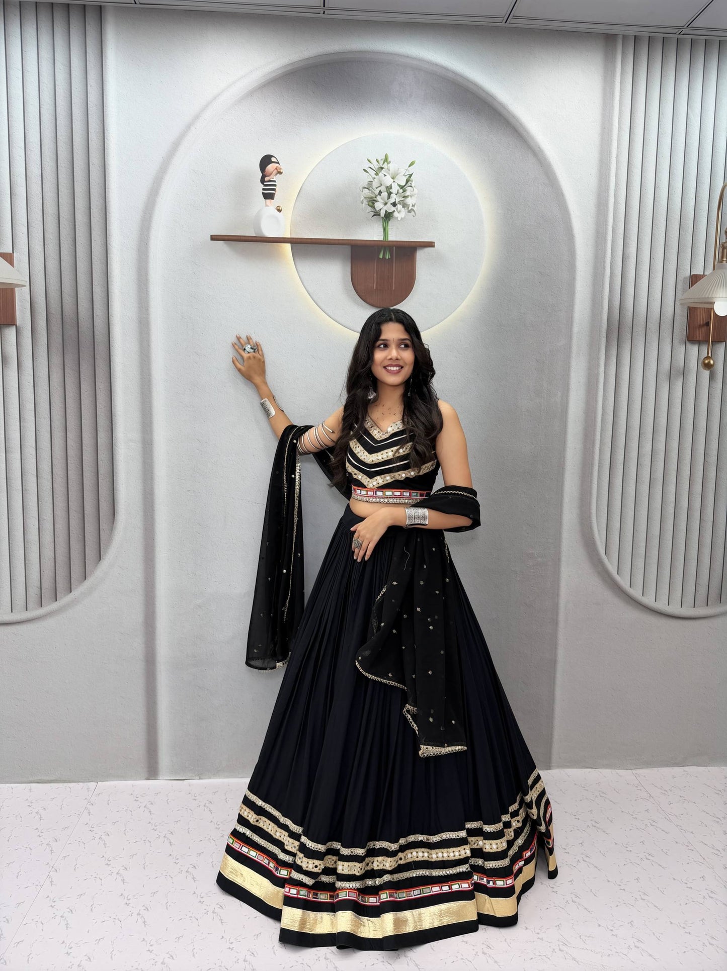 women's pure cotton navratri lehenga choli with fox georgette dupatta | heavy gamthi work & mirror lace | 6 meter flair