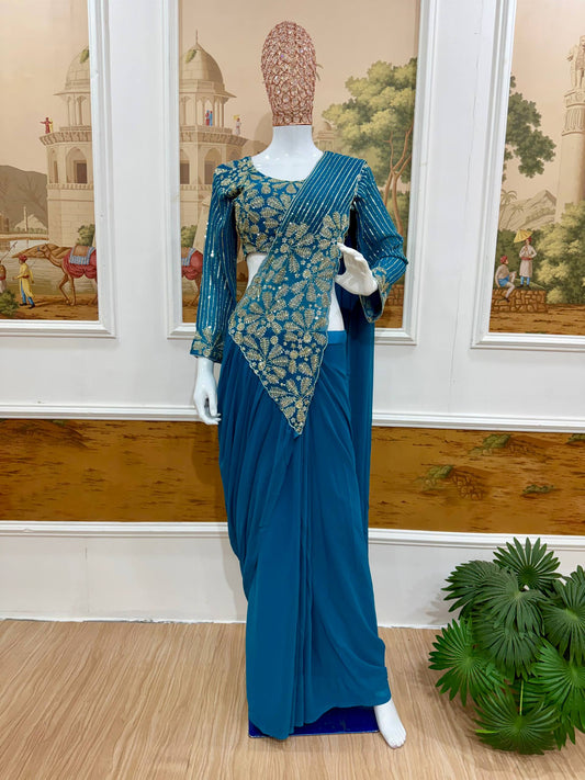 Women's Ready to Wear Faux Georgette Drape Saree with Semi-Beads Embroidered Blouse | Designer Party Wear Saree