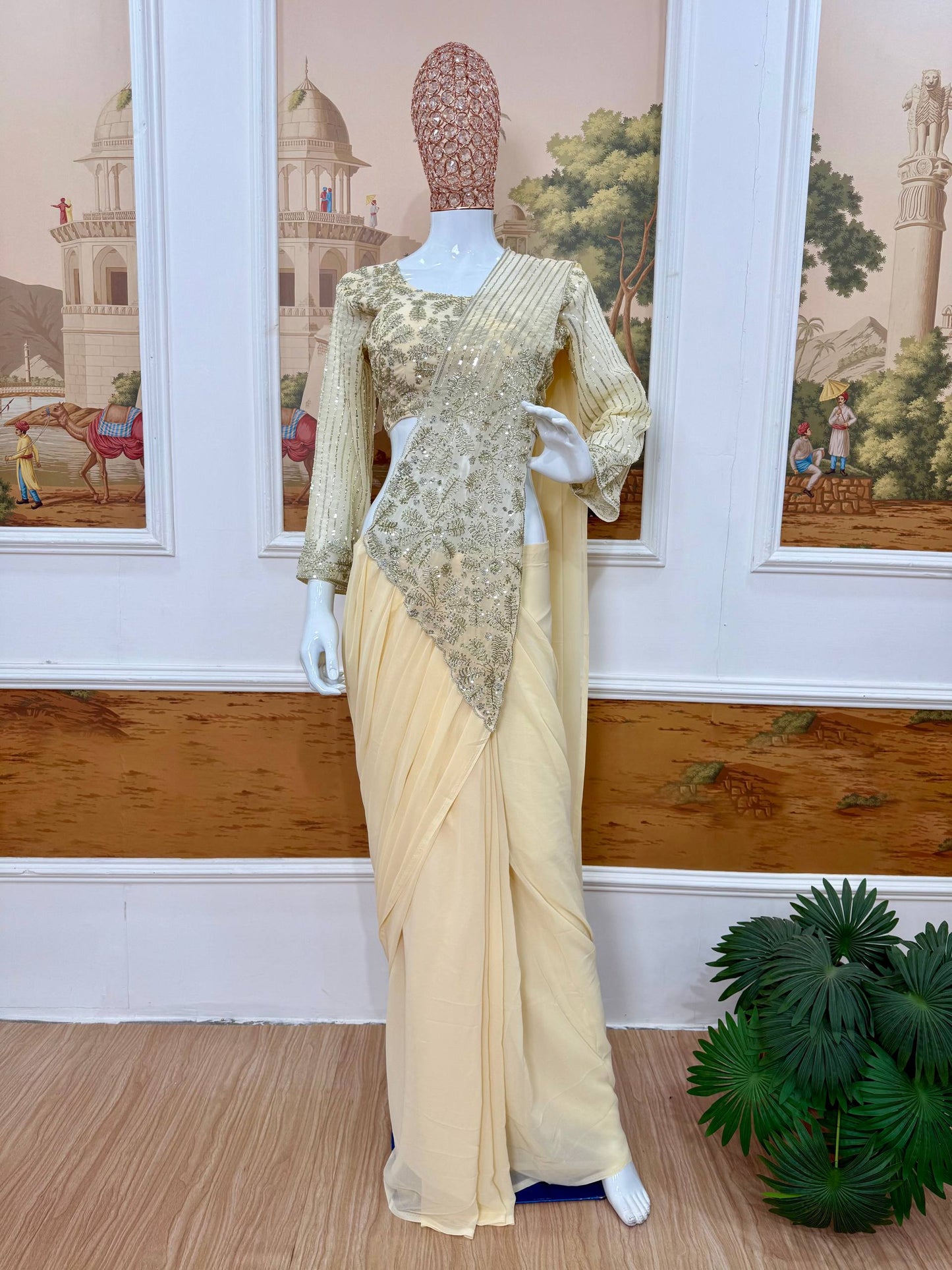 women's ready to wear faux georgette drape saree with semi-beads embroidered blouse | designer party wear saree