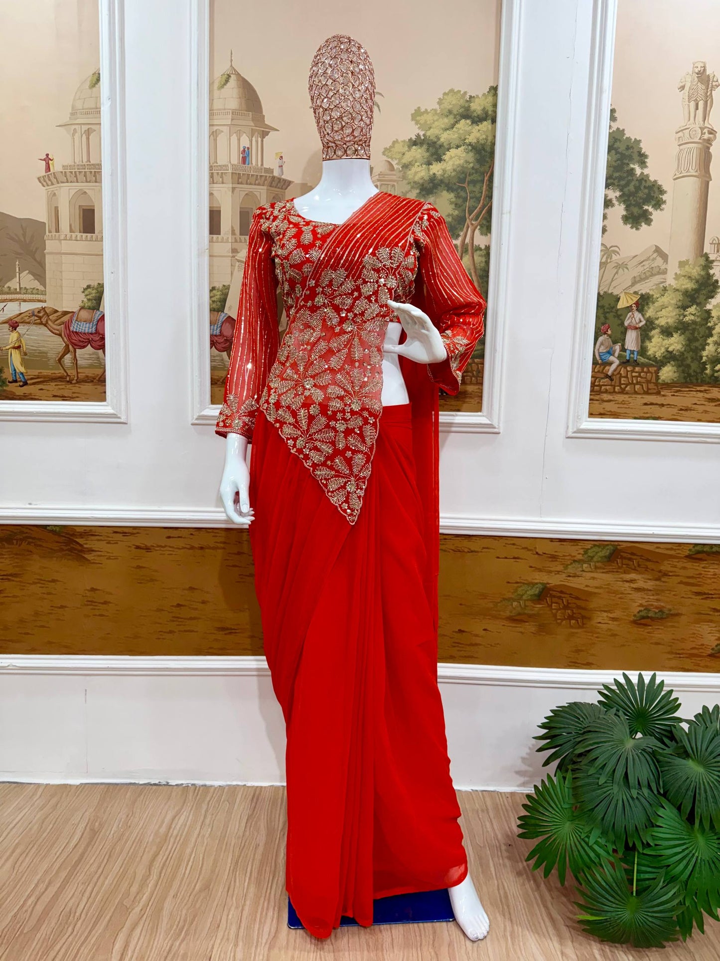 women's ready to wear faux georgette drape saree with semi-beads embroidered blouse | designer party wear saree